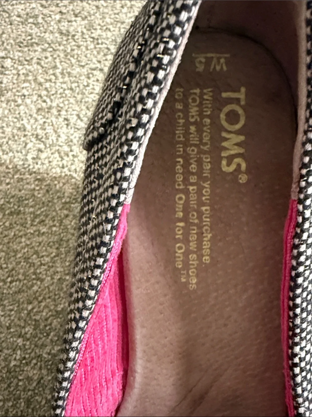 TOMS Stella cork wedge heel size 5 brown gold herringbone tweed peep toe